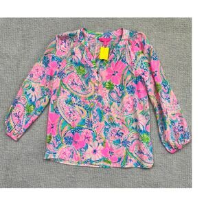 Lilly Pulitzer Women's Pink Blue Floral Silk Long Sleeve Shirt Size M #59548